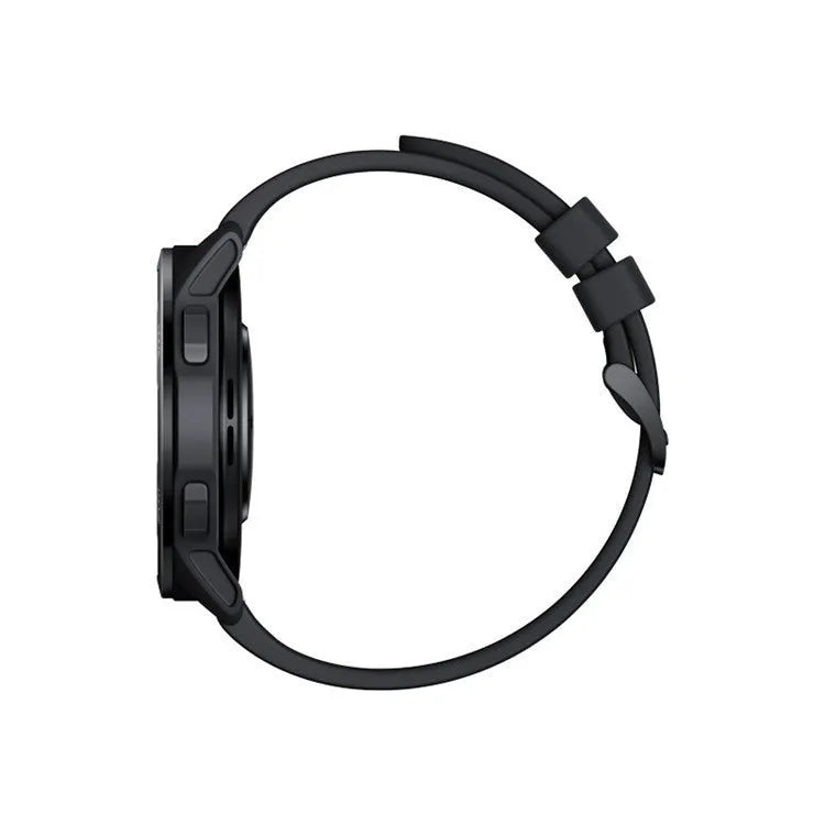 Smart watch with black silicone strap and round 1.43-inch screen showing fitness metrics.