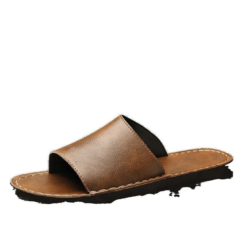 Men's brown leather sandals with rubber soles showing open-toe design