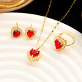 Gold-red electroplated heart jewellery set with mixed gemstone inlay on titanium steel necklace, earrings, and ring