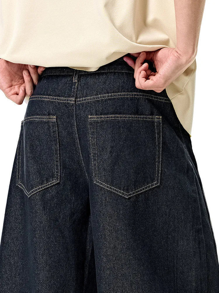 Men's wide leg denim trousers in original cow colour with mid-waist design