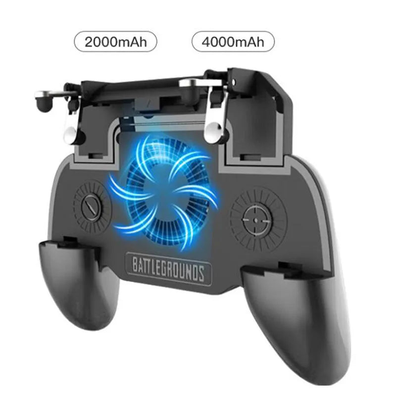 Black mobile phone game controller with USB connector and aluminium alloy frame attached to a smartphone.