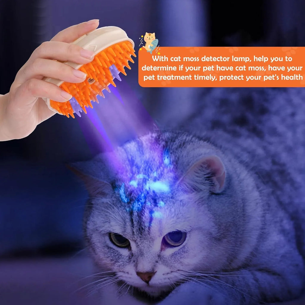Yellow cat steam brush with silicone bristles, water reservoir, and ringworm detection light