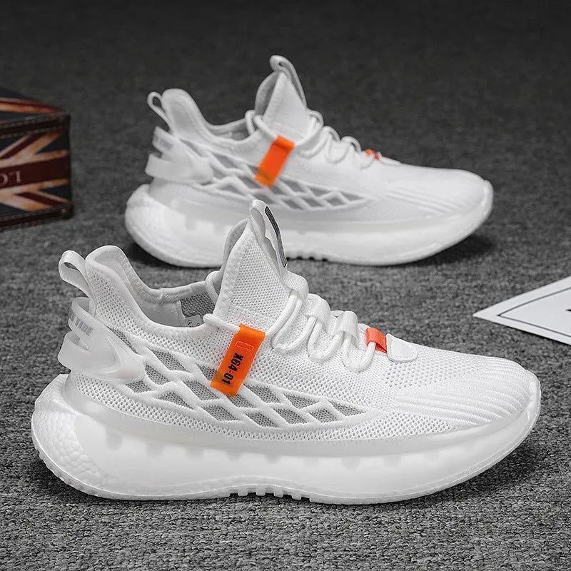 Men's white mesh platform sneakers with flat heel and front lace-up design