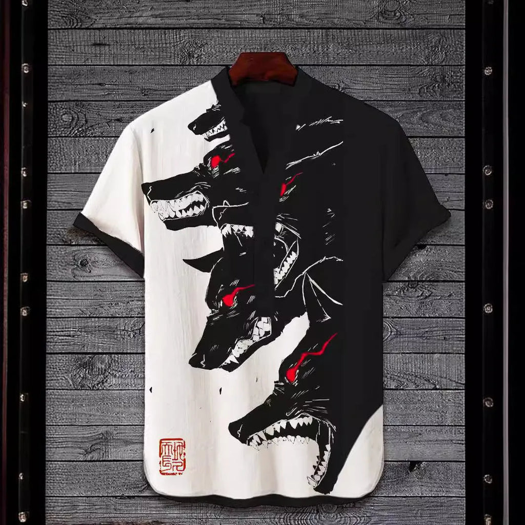 Short sleeve shirt with a vibrant 3D digital animal print pattern on polyester fabric.
