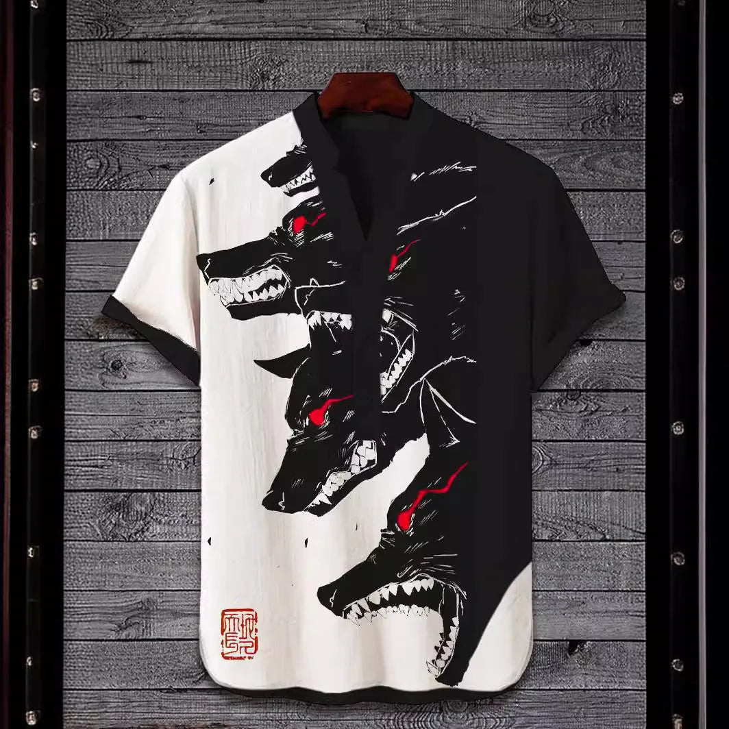 Short sleeve shirt with a vibrant 3D digital animal print pattern on polyester fabric.