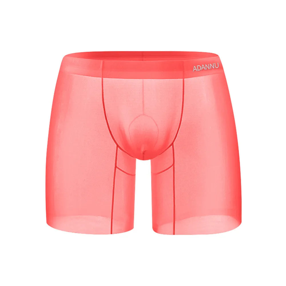 Men's seamless nylon boxer shorts in orange, pink, and red colours with low waist design