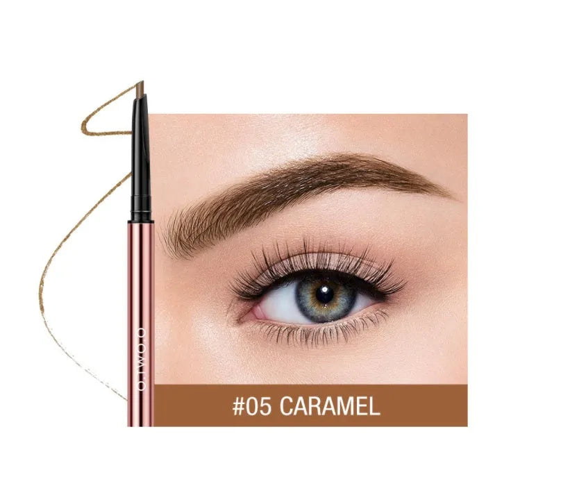 Eyebrow makeup pencil with triangular tip in colour box, shown in shades Auburn, Blonde, Caramel, Dark Brown, Soft Brown, Taupe.