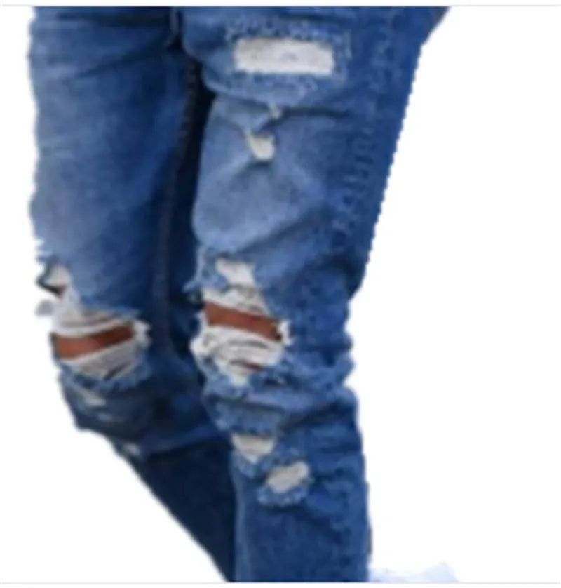 Deep blue men's straight leg jeans with 98% cotton composition on Asian size chart