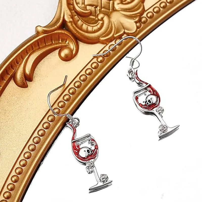 Halloween skull wine glass design earrings with zinc alloy construction and electroplated metallic finish