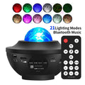 Black parallel style star projection lamp with rotating water ripple laser effects on desktop