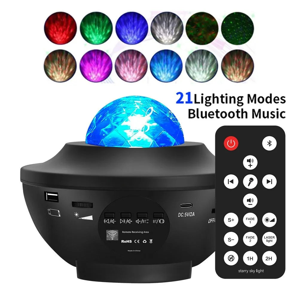 Black parallel style star projection lamp with rotating water ripple laser effects on desktop