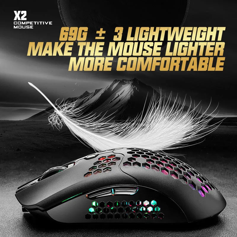 Free Wolf X2 wireless gaming mouse in black, green, pink, white, or yellow with RGB lighting.
