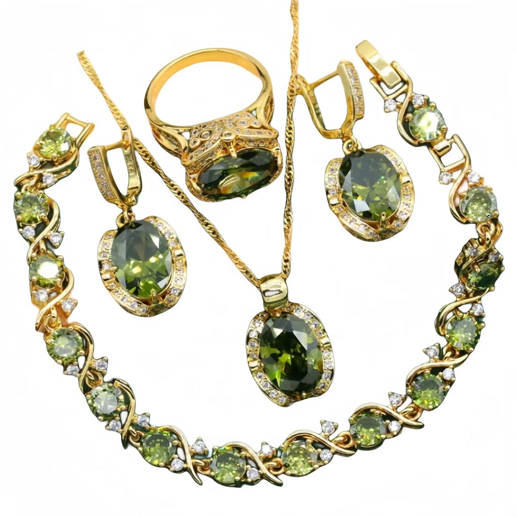 Full rhinestone zircon women's jewellery set with necklace, earrings and ring in olive green or red