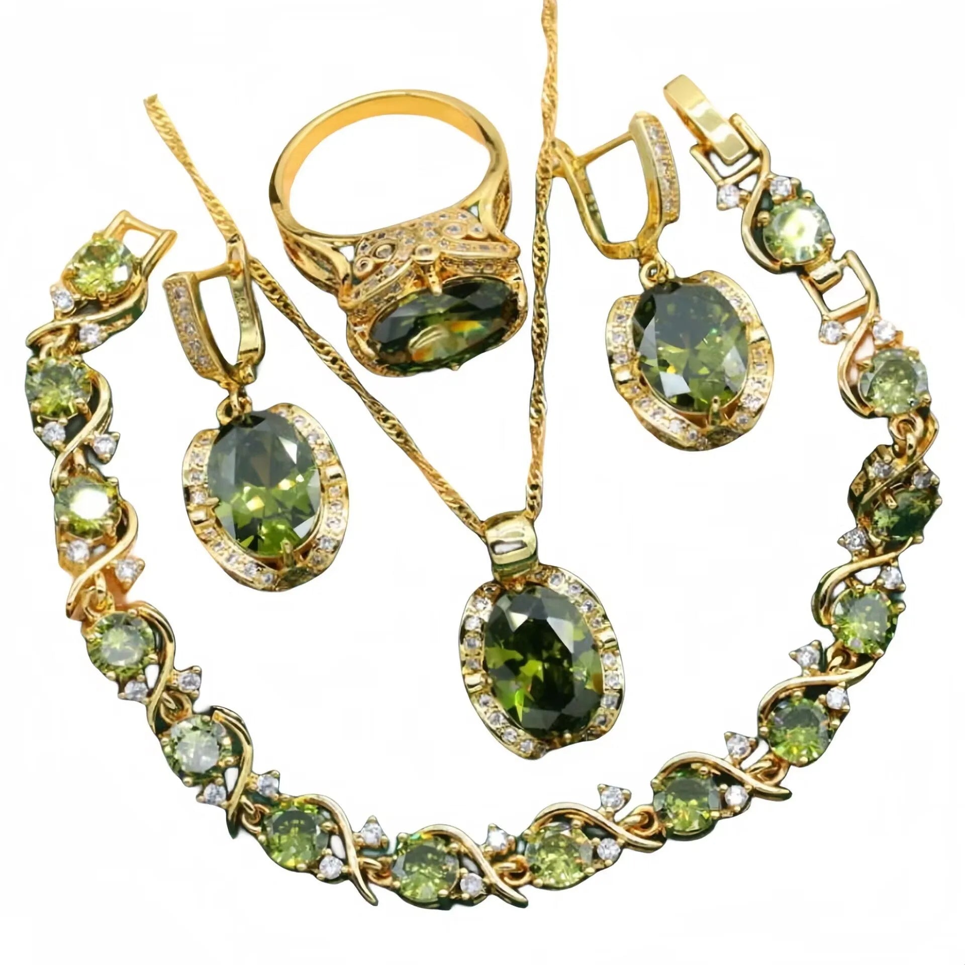 Full rhinestone zircon women's jewellery set with necklace, earrings and ring in olive green or red