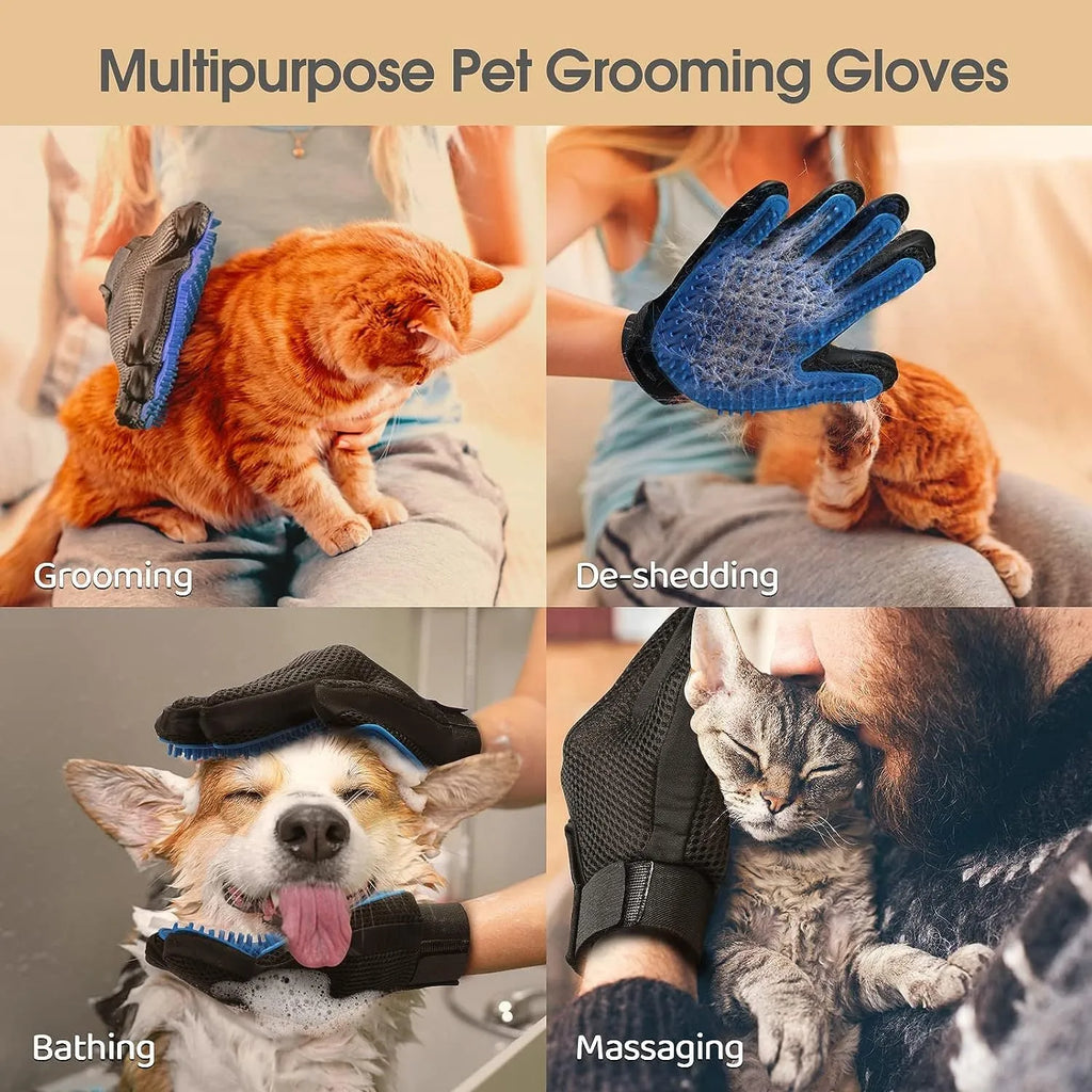 Blue pet grooming gloves with silicone tips for dog cat horse hair removal