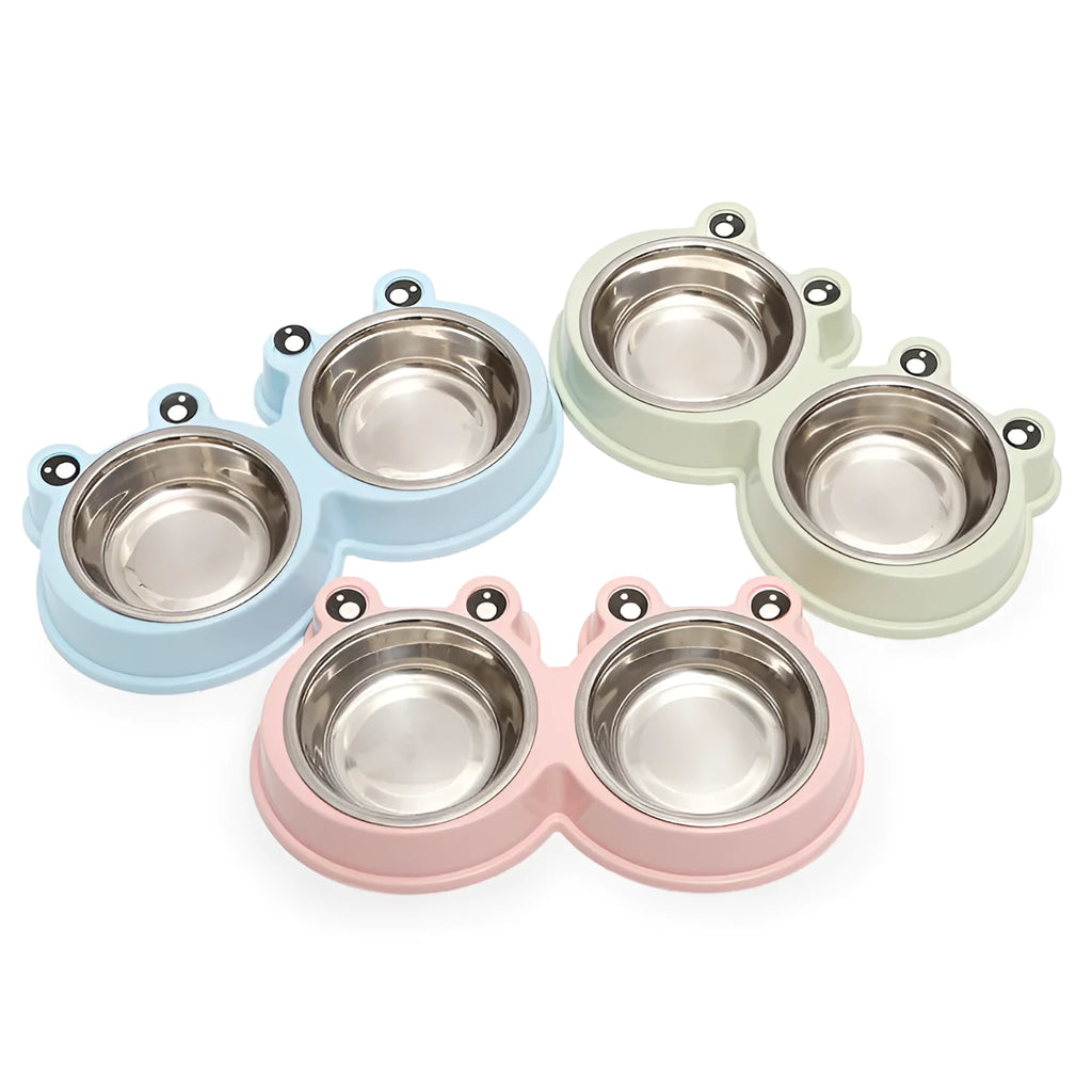 Blue frog-shaped stainless steel double pet bowl for food and water, shown in large size.