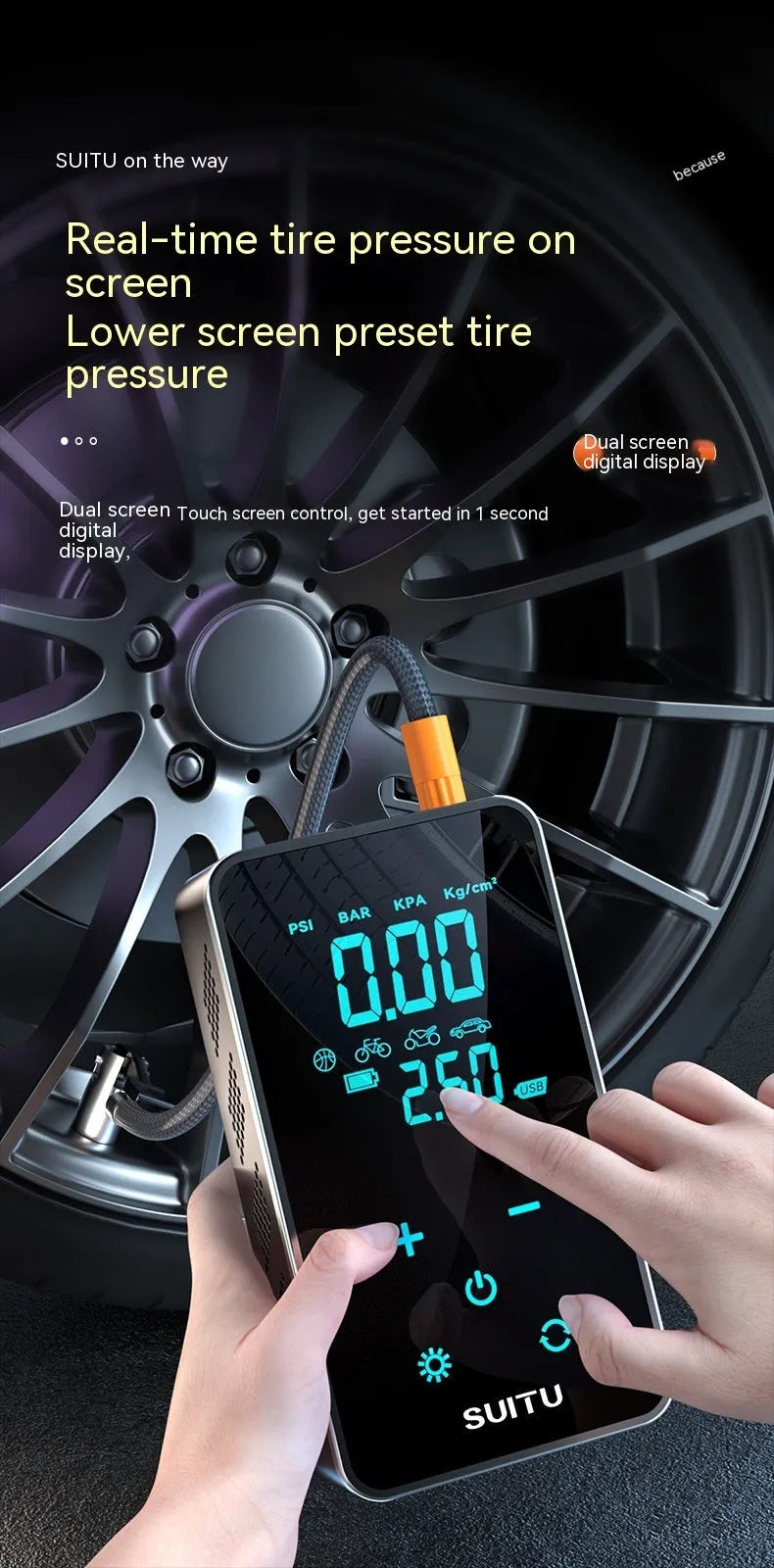 ST-9616C black wireless car tyre inflator with LCD screen and coiled air hose on a grey background