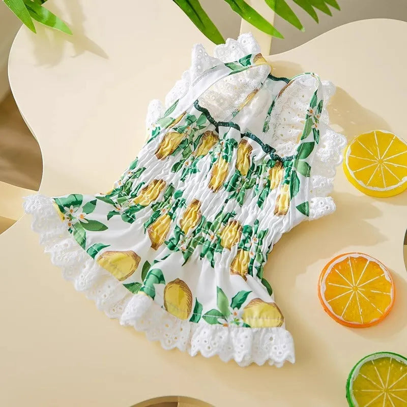 Rock yellow lemon dog skirt dress with thin breathable polyester construction and adjustable straps
