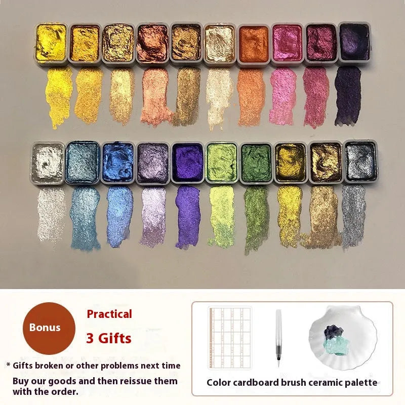 Traditional Chinese painting watercolour set showing 46 mineral pearlescent pigment tubes including red and white gold 5ml containers