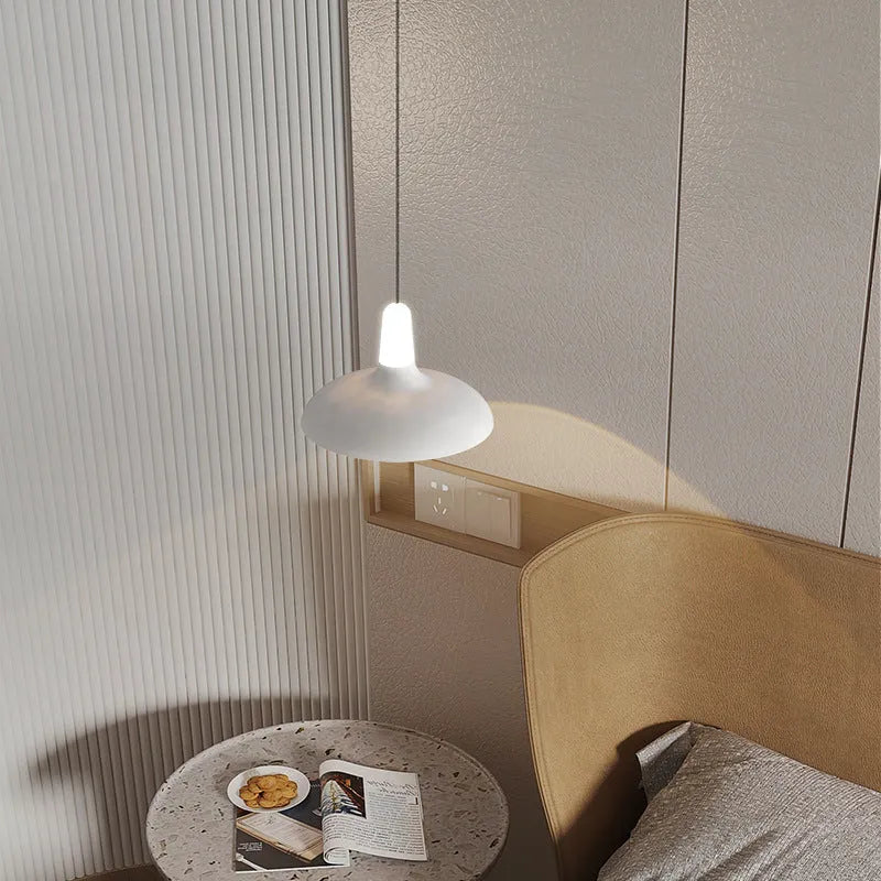 Modern minimalist adjustable bedside pendant light in Nordic style, 110V, shown in Moon White or Obsidian Black for bedroom or dining room.