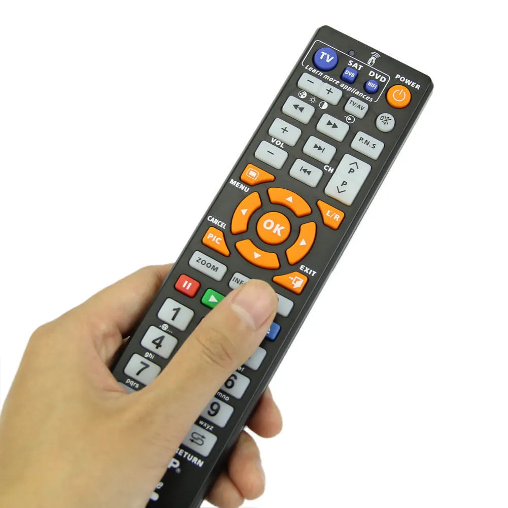 Black L336 learning remote control with full key layout for universal audio equipment operation