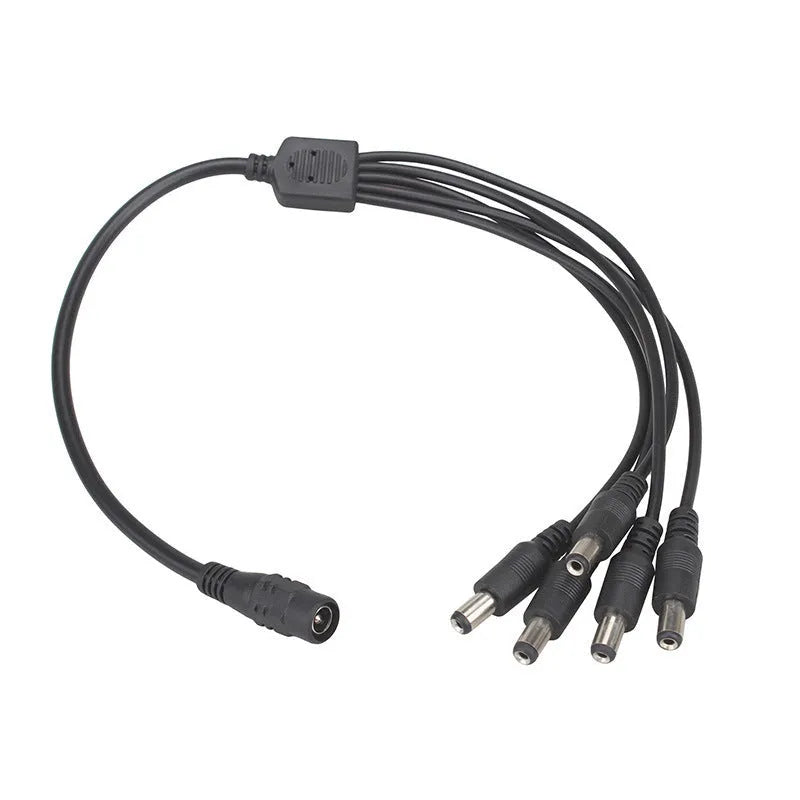 Black 12V monitoring power cord with DC one-in-four interface and 5.5mm connectors for CCTV cameras
