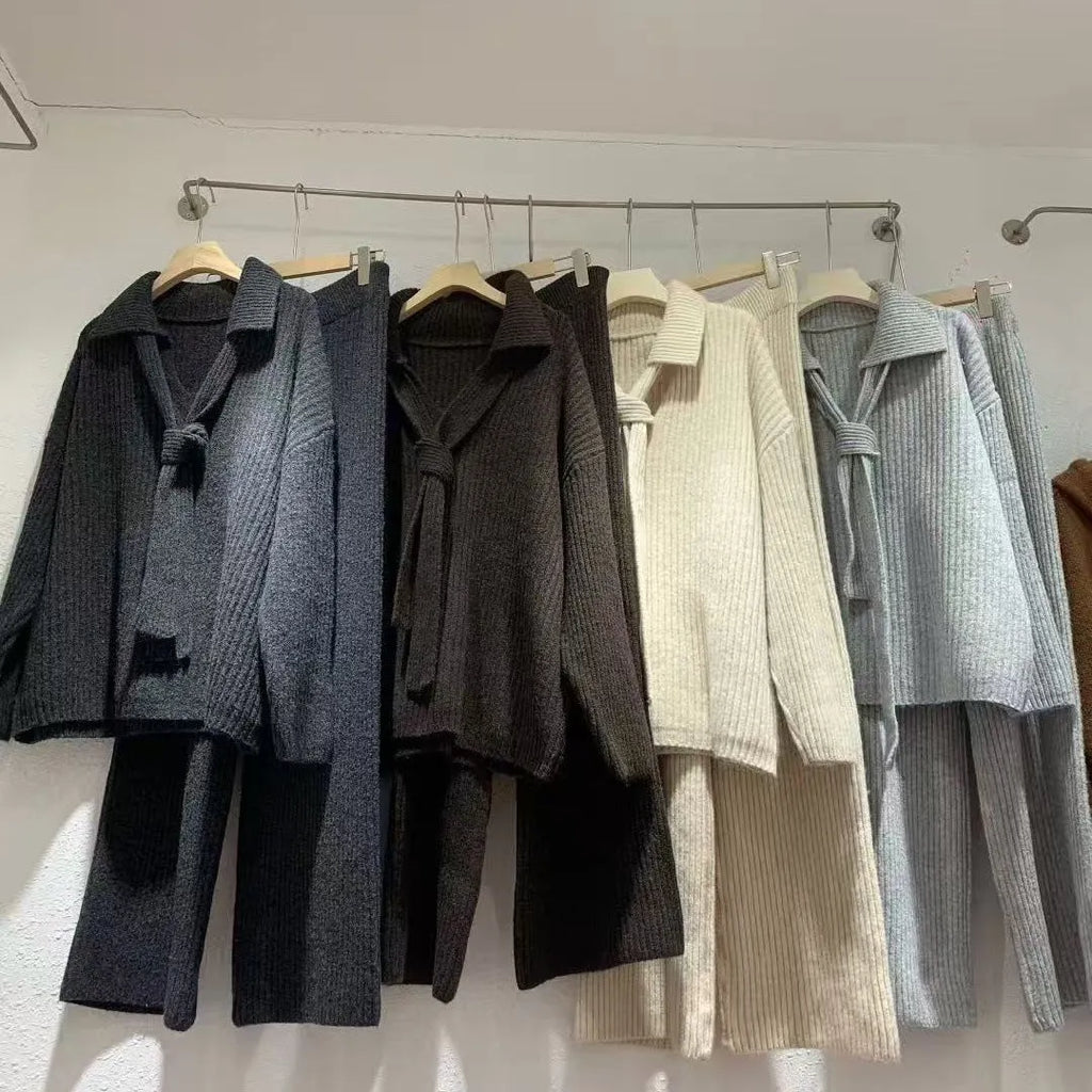 Imitation cashmere sweater suit two-piece set with top and trousers in dark grey colour