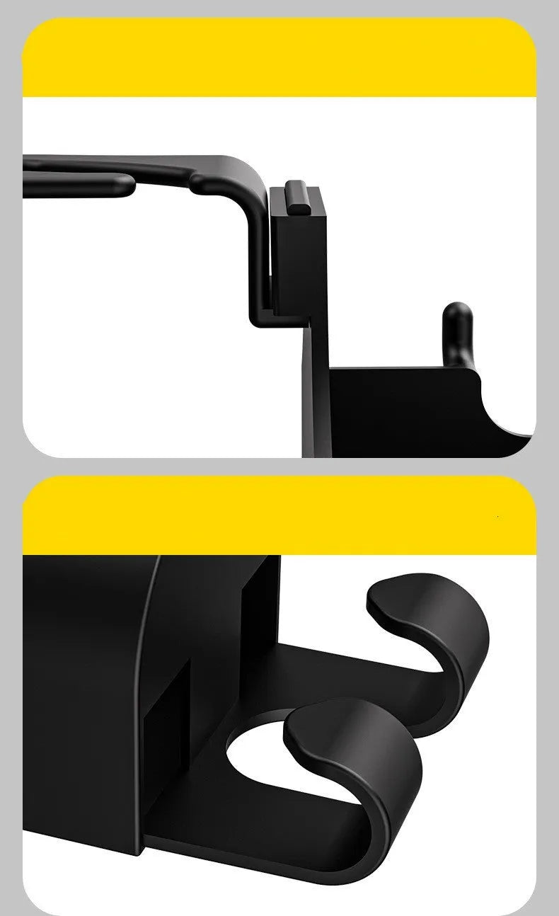 Black plastic car seat back hook organiser with built-in cup holder