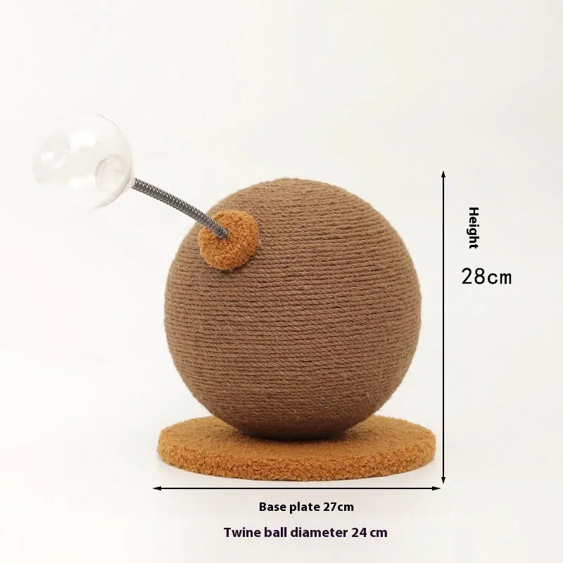 Jute rope cat scratching post with integrated catnip ball, available in large and small sizes.