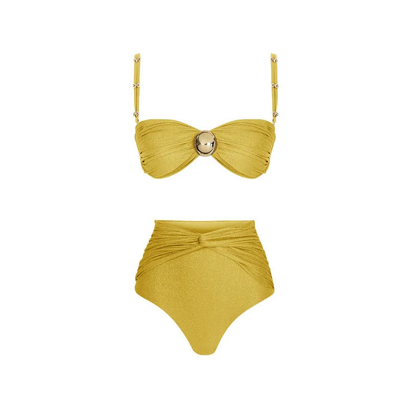 Women's high-waist split bikini swimsuit in nylon, shown in green and yellow colour options.