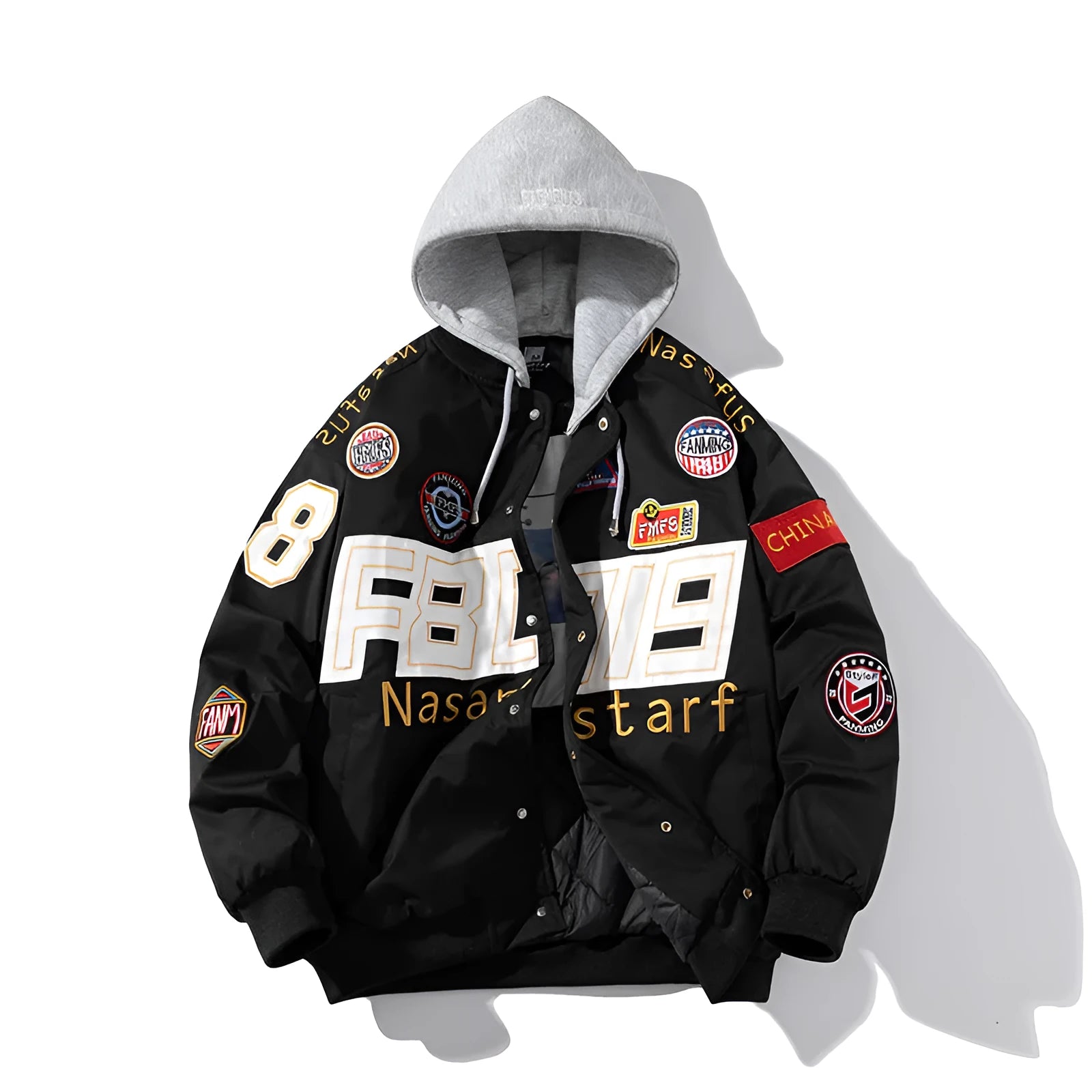 American motorcycle baseball uniform jacket in loose fit with detachable hood option