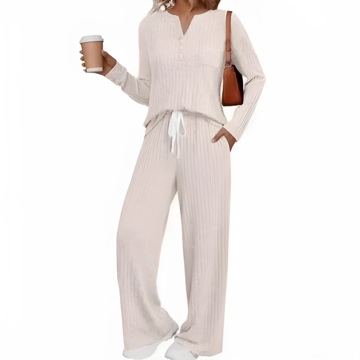 V-neck striped knit long coat with lace-up detailing and pockets in light grey