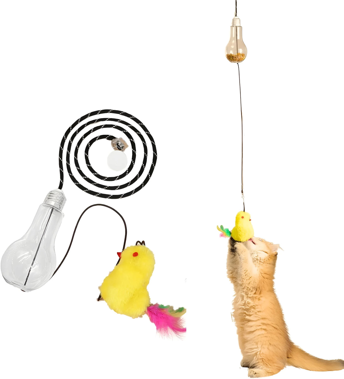 Interactive cat toy hanging on door frame with elastic rope, dangling mouse toy, and treat reward bulb