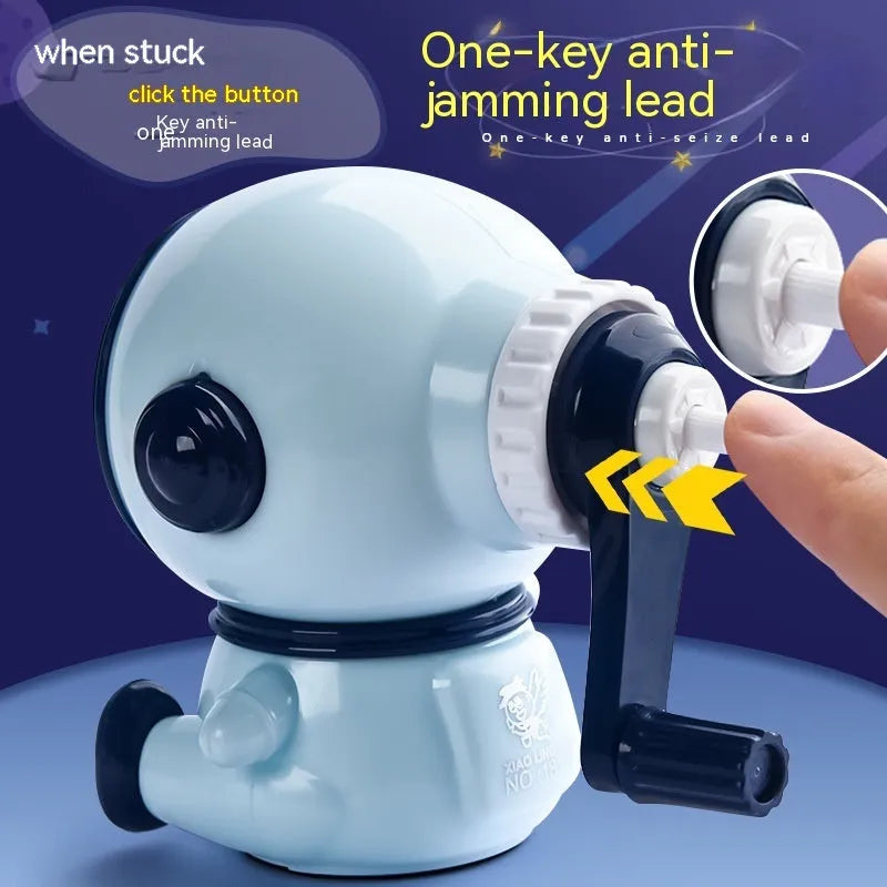 Blue cartoon astronaut manual pencil sharpener for children on a desk