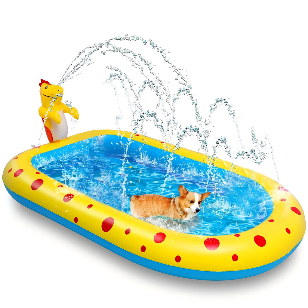 Blue dinosaur-shaped inflatable water spray pool with shark design for kids outdoor play