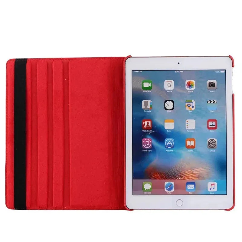 iPad rotating clamshell protective sleeve in imitation leather, shown in multiple colour options.