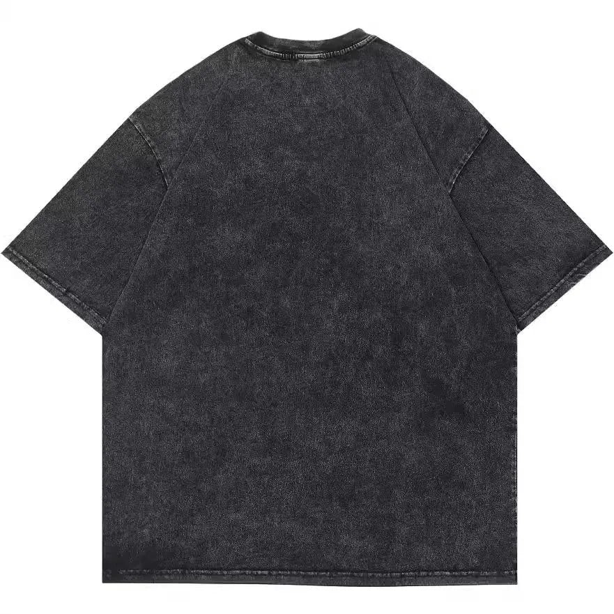 Men's loose fit black t-shirt with cartoon digital printing and short sleeves