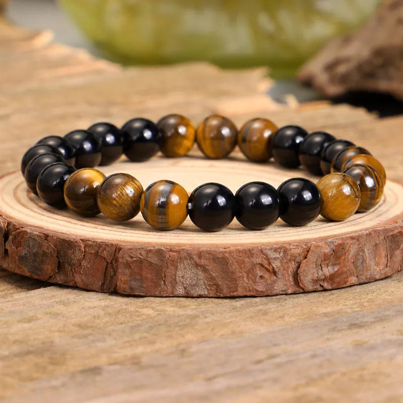 Handmade tiger eye stone necklace with brass tassel charm on ball bead chain