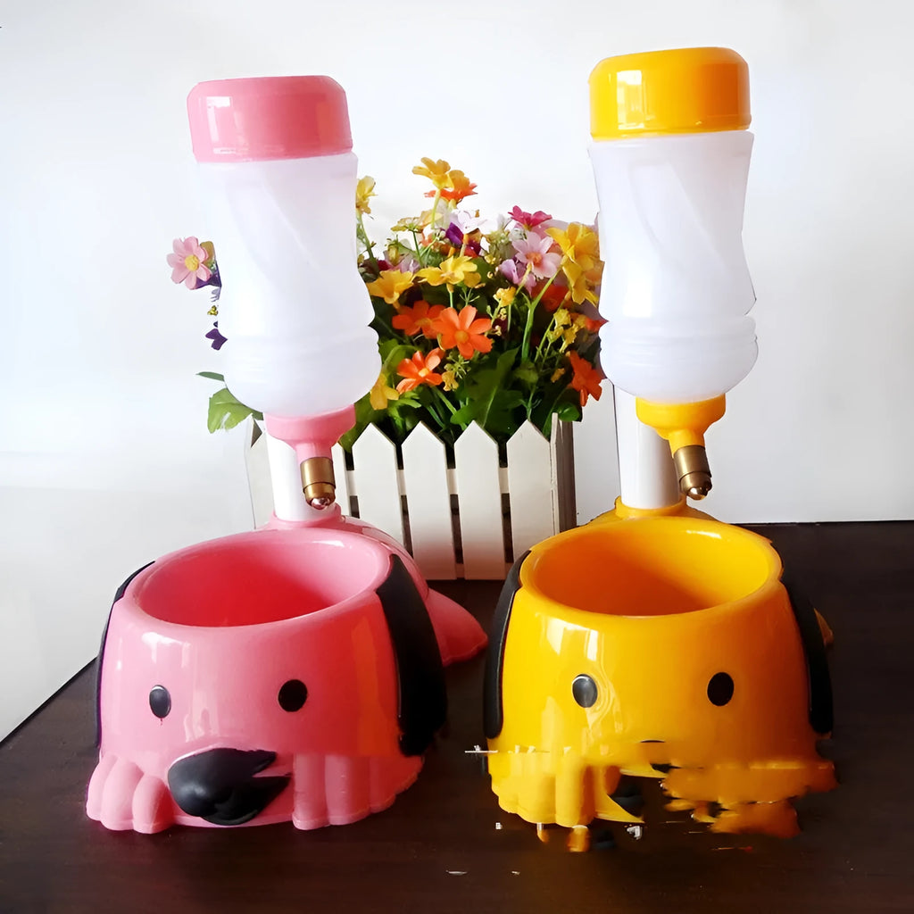 Adjustable plastic pet drinking bowl with rod lifting mechanism in pink, blue or yellow colours
