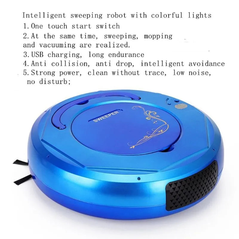 Blue robotic vacuum cleaner with 1800Pa suction for automated floor cleaning on flat surfaces