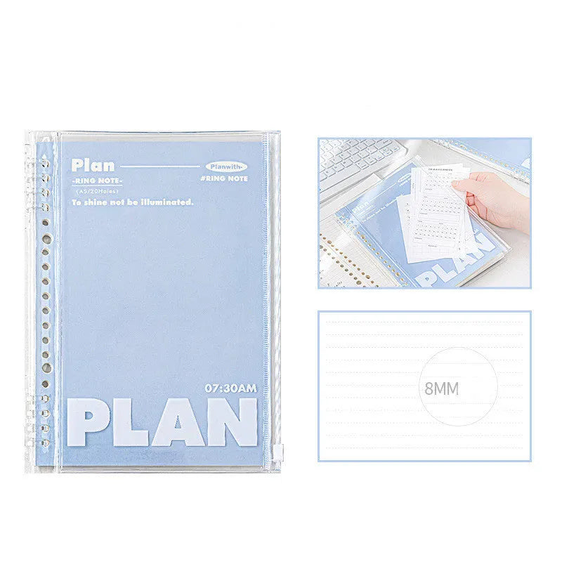 Clear A5 PVC spiral binder organiser for loose papers, shown in blue and white colour options.