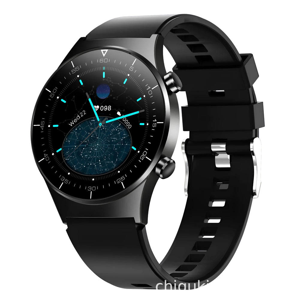 Black smart sports watch with astronaut bracelet design showing heart rate and blood pressure monitoring on 1.3 inch touchscreen