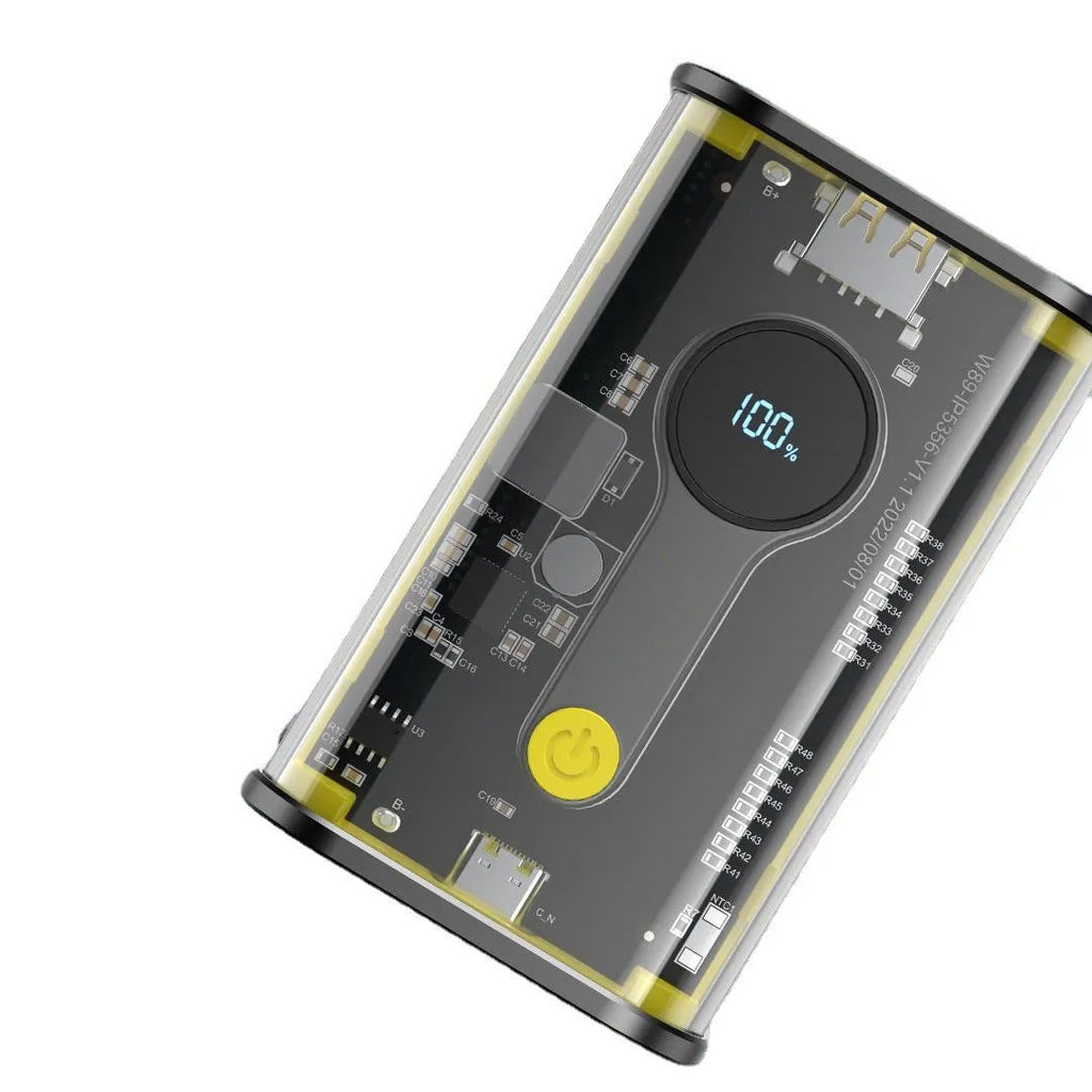 Transparent yellow industrial power bank showing internal cylindrical 18650 battery cell and multi-USB ports