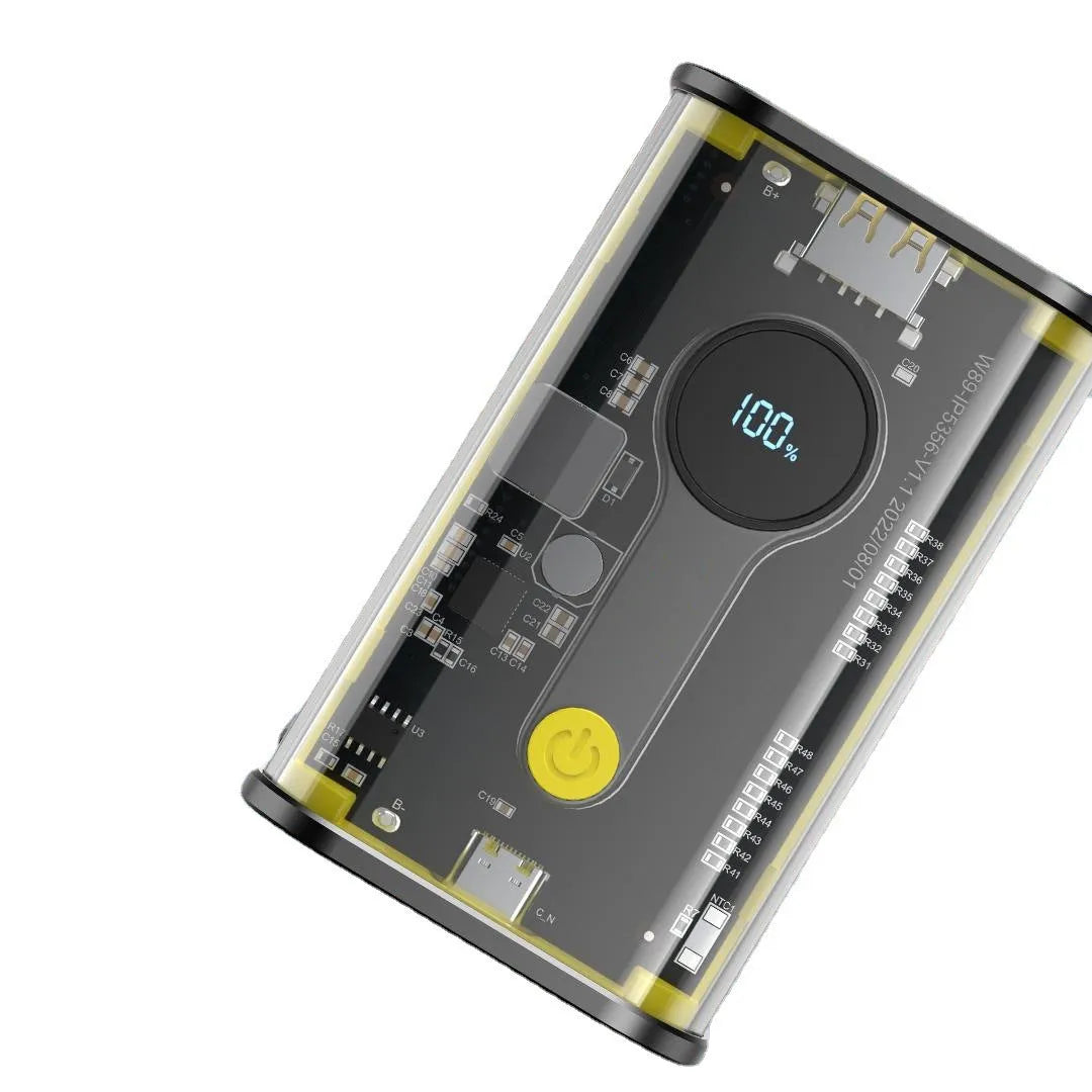 Transparent yellow industrial power bank showing internal cylindrical 18650 battery cell and multi-USB ports