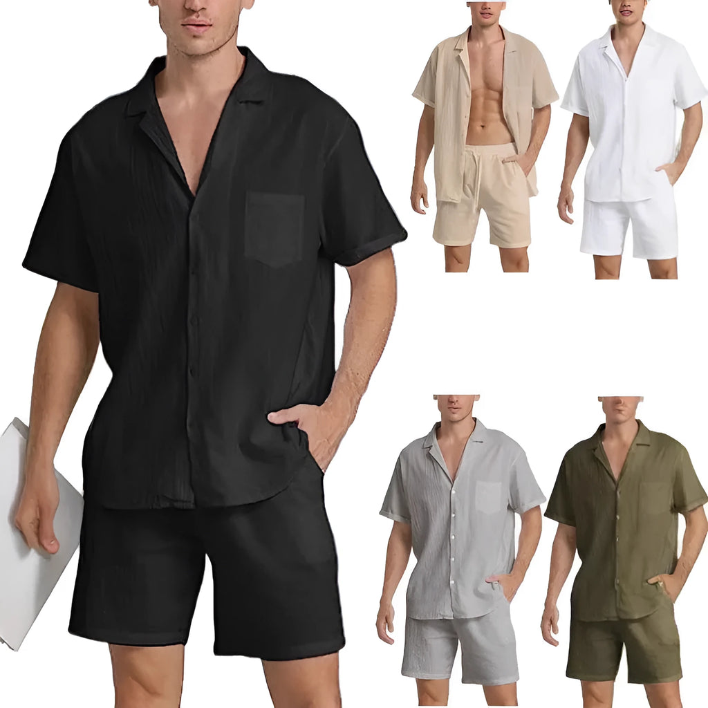 Men's linen summer sports suit with short-sleeved top and matching shorts in army green colour