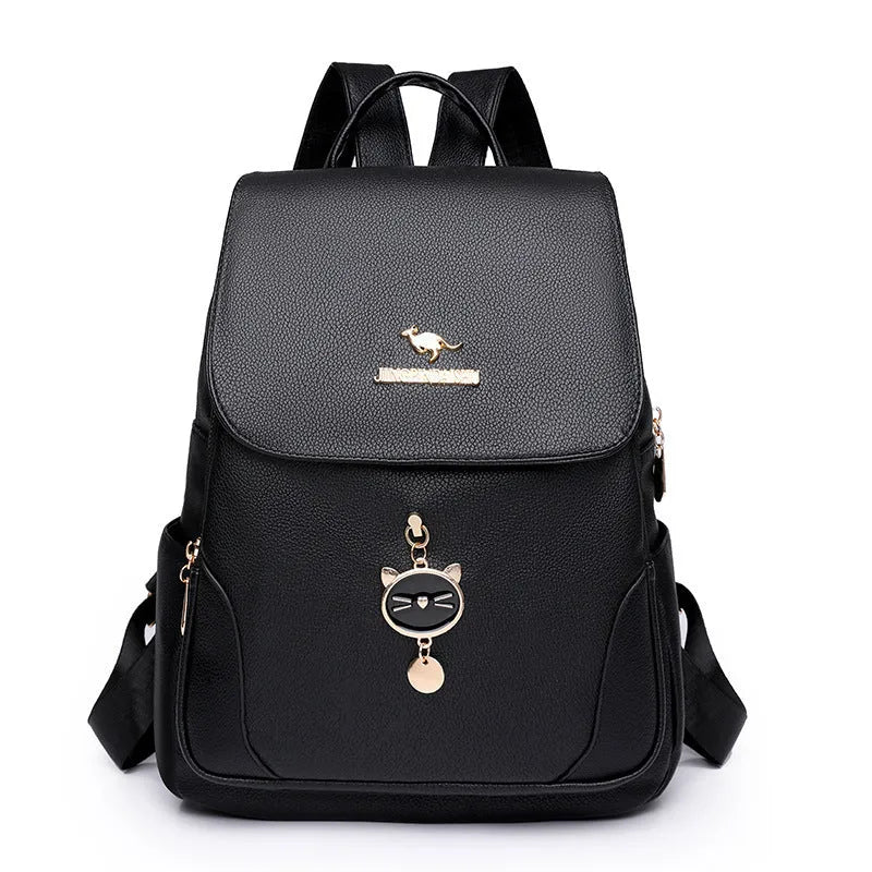 Women's casual soft PU backpack with three-dimensional front pocket in black, blue, or taro purple colours