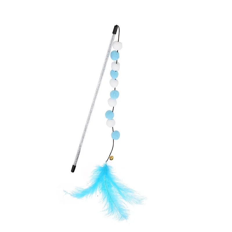 31cm long cat teaser toy rod with bell and colourful pompon feather attachments