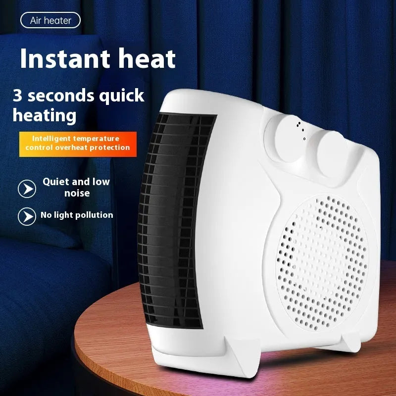 White compact electric heater for desktop use with power and fan controls.