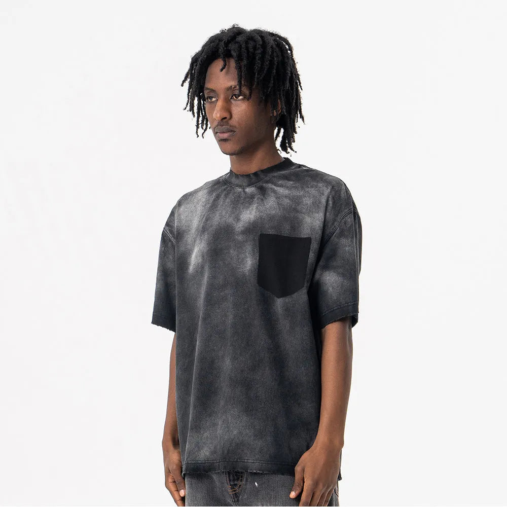 Men's black cotton t-shirt with printed letter design and drop-shoulder sleeves