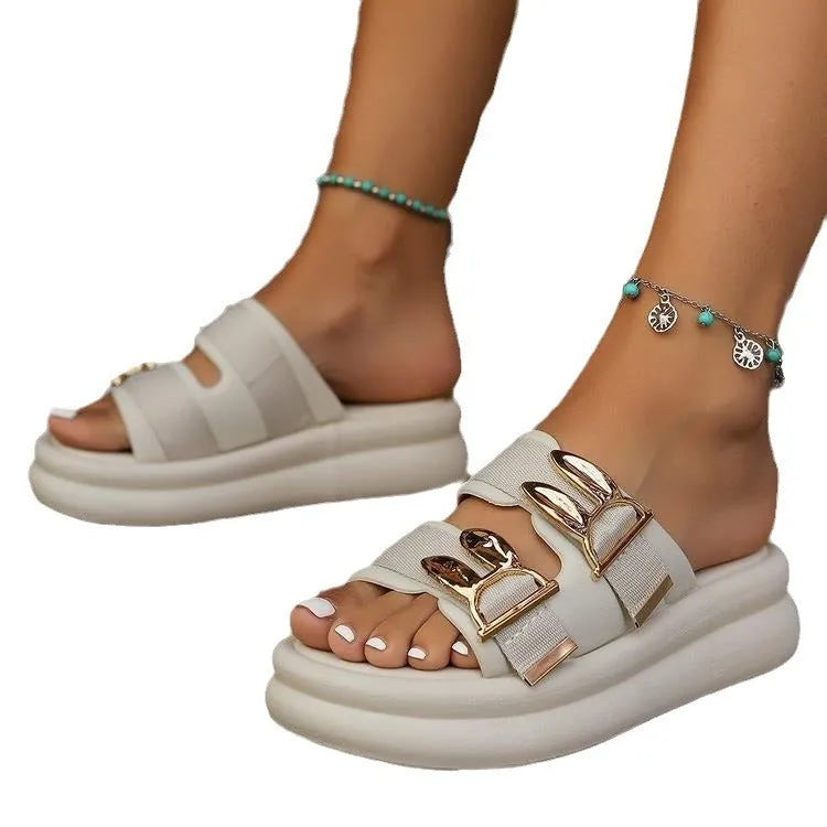 Women's thick bottom slippers in apricot colour with suede upper and rubber sole